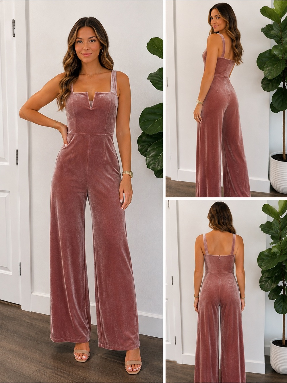 Lulu's Rose Velvet Wide-Leg Jumpsuit